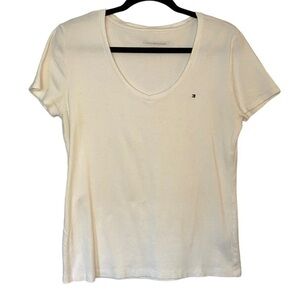 Tommy Hilfiger Thick White Cotton V-Neck T Shirt Short Sleeves Large